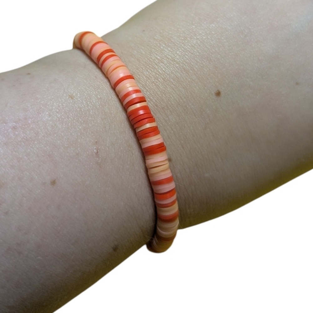 Handmade Beaded Bracelet Clay Beads Stretchy Red Coral Hand Crafted